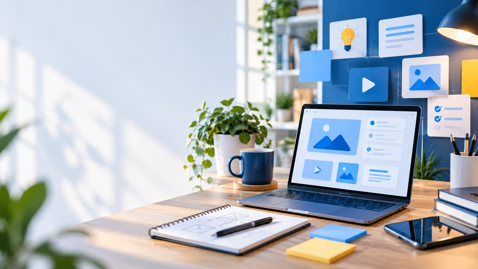 Bright workspace with laptop and abstract digital-product planning cards